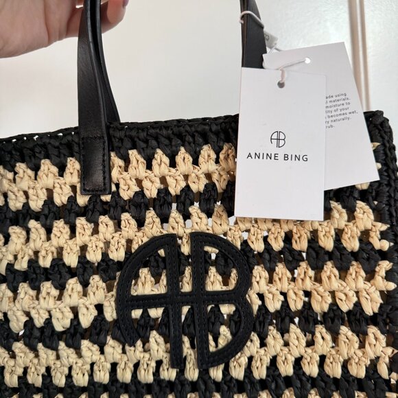 NWT Anine Bing Rio Logo Small Tote Bag Woven Seagrass Raffia Striped Pattern - Picture 6 of 9